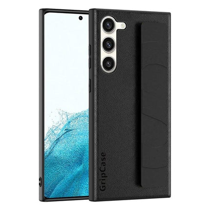 Wrist Strap Phone Case With Hands Free Carrying shown on a black leather-texture TPU phone case with integrated wrist strap for easy one-handed use