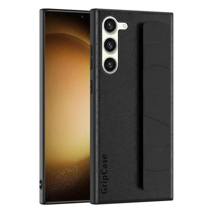 Alt Tag: Wrist Strap Phone Case for Daily Convenience - black leather-texture protective case with adjustable wrist strap and slim protective shell