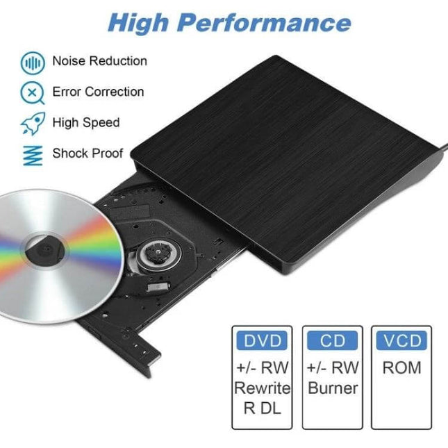 Portable External CD and DVD Drive for Laptops slim black USB 3.0 Type-C external optical drive with tray open and disc