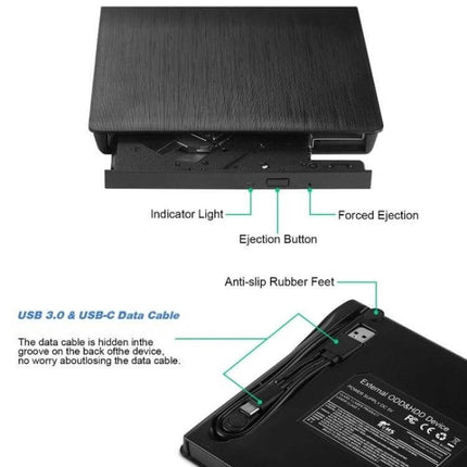 Portable External CD and DVD Drive for Laptops with USB 3.0 and USB-C, slim black external optical drive showing tray, ejection button, and hidden cable