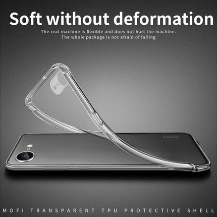 MOFI Clear Phone Case For Everyday iPhone Protection And Daily Use Lightweight Silhouette showing transparent flexible TPU case bending over an iPhone