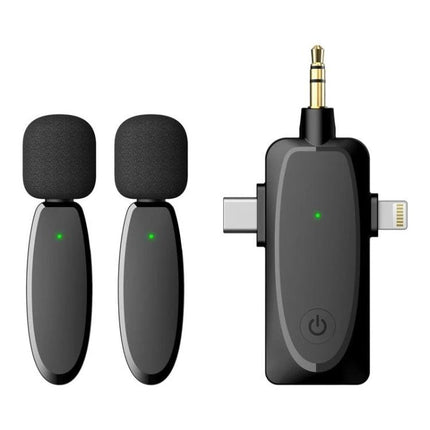 One by Two Lavalier Microphone for Everyday Audio Capture - dual black wireless lavalier set with foam windscreens and compact USB-C/Lightning transmitter