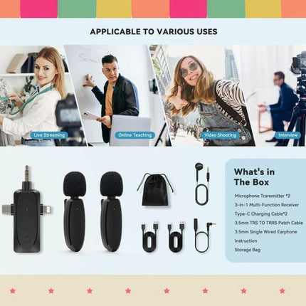 One by Two Lavalier Microphone for Everyday Audio Capture - dual wireless transmitters, receiver and accessories laid out for vlogging, interviews, teaching