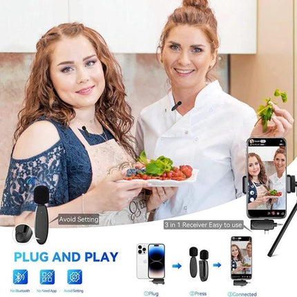 One by Two Lavalier Microphone for Everyday Audio Capture showing two women recording a cooking vlog with plug-and-play wireless mics
