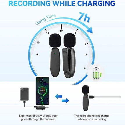 One by Two Lavalier Microphone for Everyday Audio Capture showing two clip-on mics, 7h recording while charging with phone connection