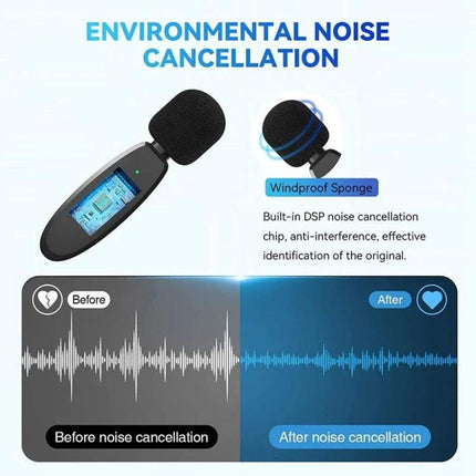 One by Two Lavalier Microphone for Everyday Audio Capture showing windproof sponge and before/after noise cancellation comparison