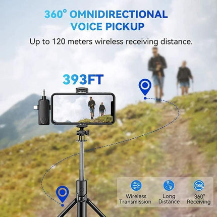 One by Two Lavalier Microphone for Everyday Audio Capture shown on smartphone tripod with 393FT wireless range and 360° omnidirectional pickup
