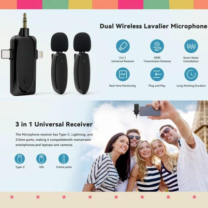 One by Two Lavalier Microphone for Everyday Audio Capture - dual wireless lavalier kit with 3-in-1 receiver shown