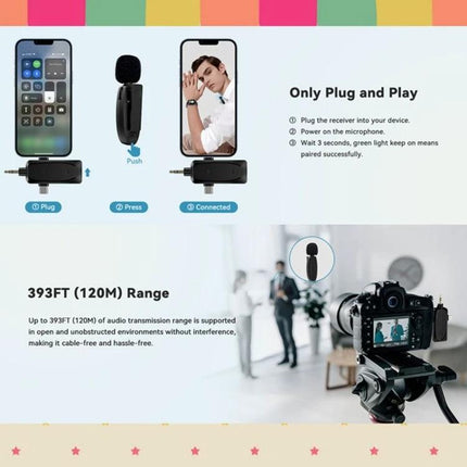 One by Two Lavalier Microphone for Everyday Audio Capture showing plug-and-play smartphone and camera setup with 393FT (120M) wireless range