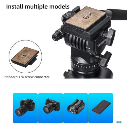 Yunteng Aluminum Tripod for Cameras with Adjustable Height shown with quick-release plate and compatible cameras and camcorders