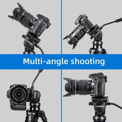 Yunteng Aluminum Tripod for Cameras with Adjustable Height shown supporting DSLR at multiple angles for travel and outdoor photography