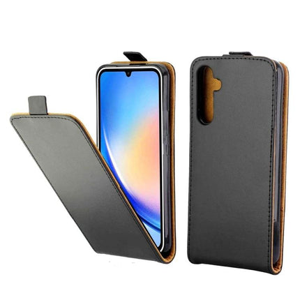 Leather Flip Case For Everyday Phone Protection - slim black leather flip cover protecting screen and edges, easy access to buttons and camera