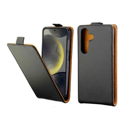 Leather Flip Case For Everyday Phone Protection - slim black leather flip cover with snap closure showing front open and back view