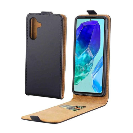 Leather Flip Case For Everyday Phone Protection in black leather with magnetic flip cover showing phone and card slot