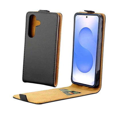 Leather Flip Case For Everyday Phone Protection showing black leather flip cover open with phone and card slot, slim grip and screen guard