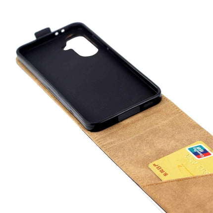 Leather Flip Case For Everyday Phone Protection with tan leather flip cover, card slot and snug black inner shell
