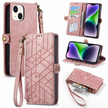 Wallet-Integrated Phone Case With Card Slots For Daily Essentials in pink wristlet folio with geometric pattern, card slots, cash pocket, and kickstand