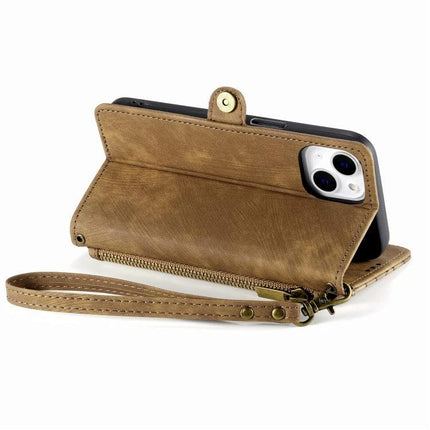 Phone Case With Wallet Card Slot in brown leather with kickstand, wrist strap, card slots and zippered cash pocket