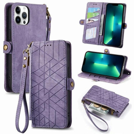 Purple folio Phone Case With Wallet Card Slot showing card pockets, wrist strap, kickstand and zip coin pocket