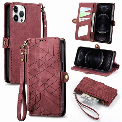 Leather Phone Case With Wallet For Everyday Essentials shown in burgundy PU leather with card slots, wrist strap, stand function and zip coin pocket