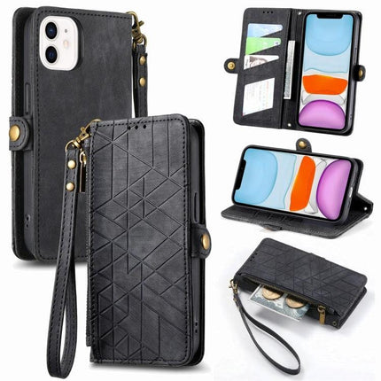 Geometric Zipper Wallet Phone Case Compact Daily Carry - black geometric zip wallet phone case with card slots wrist strap