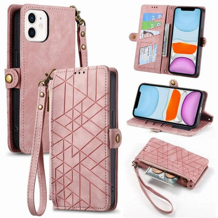 Geometric Zipper Wallet Phone Case Compact Daily Carry pink geometric zippered wallet phone case with card slots wrist strap and stand
