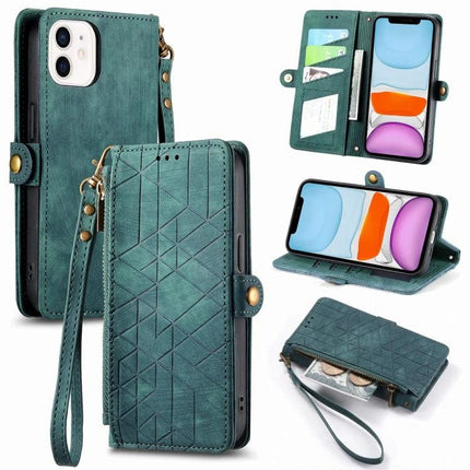 Geometric Zipper Wallet Phone Case Compact Daily Carry teal zippered wallet phone case with card slots, wrist strap and geometric exterior