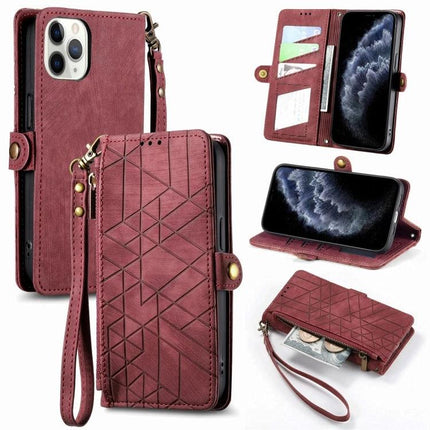 Geometric Zipper Wallet Phone Case Compact Daily Carry in burgundy with zippered card slots, wrist strap and geometric exterior