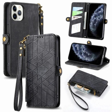 Geometric Zipper Wallet Phone Case Compact Daily Carry - black geometric zip wallet phone case with card slots, wrist strap, and stand function