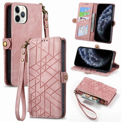 Geometric Zipper Wallet Phone Case Compact Daily Carry - pink geometric zip wallet phone case with card slots, wrist strap, and stand function
