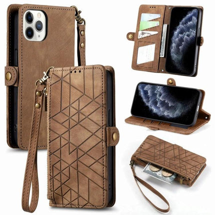 Leather Phone Case With Wallet For Everyday Essentials brown PU TPU wallet case with card slots wrist strap and geometric pattern