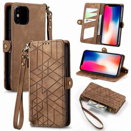 Geometric Zipper Wallet Phone Case Compact Daily Carry - brown geometric zip wallet phone case with card slots, wrist strap, and kickstand