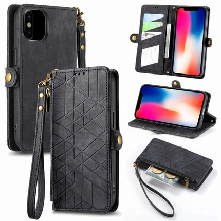 Geometric Zipper Wallet Phone Case Compact Daily Carry - black zippered wallet phone case with card slots, wrist strap, and geometric pattern