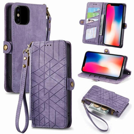 Geometric Zipper Wallet Phone Case Compact Daily Carry purple zippered wallet phone case with card slots, wrist strap and geometric pattern
