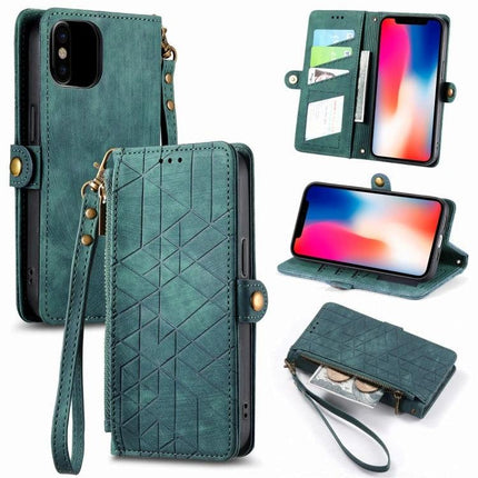 Geometric Zipper Wallet Phone Case Compact Daily Carry teal geometric zip wallet phone case with card slots, stand, and detachable wrist strap