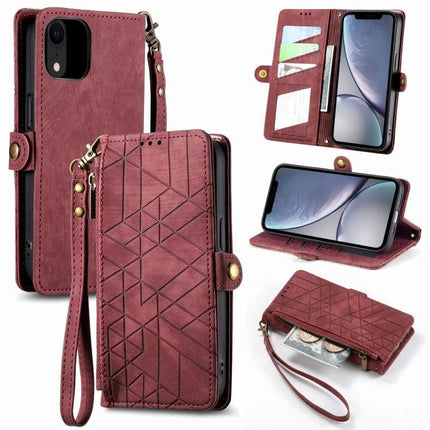 Geometric Zipper Wallet Phone Case Compact Daily Carry – maroon geometric zip wallet phone case with card slots, wrist strap, and stand function