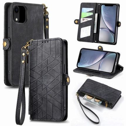 Geometric Zipper Wallet Phone Case Compact Daily Carry - black geometric zip wallet phone case with card slots, wrist strap, and stand function