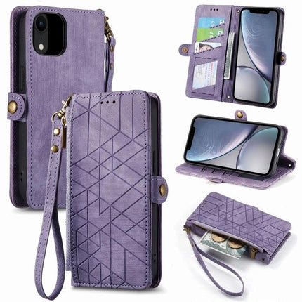 Geometric Zipper Wallet Phone Case Compact Daily Carry purple geometric zippered wallet case with card slots, wrist strap and phone stand