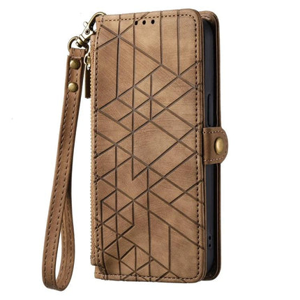 Wallet-Integrated Phone Case With Card Slots For Daily Essentials – brown geometric wrist-strap folio with multiple card slots and zipper pocket