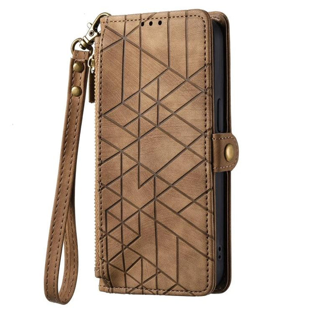 Wallet-Integrated Phone Case With Card Slots For Daily Essentials – brown geometric wrist-strap folio with multiple card slots and zipper pocket