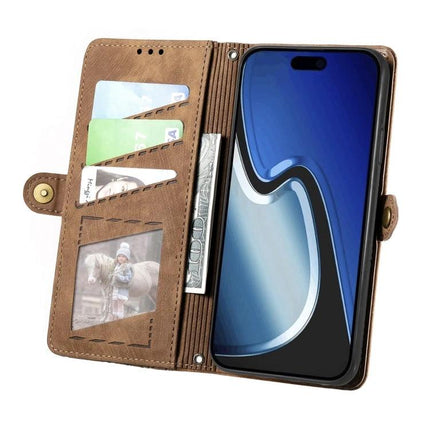 Wallet-Integrated Phone Case With Card Slots For Daily Essentials in brown leather folio showing cards, cash compartment and full phone access