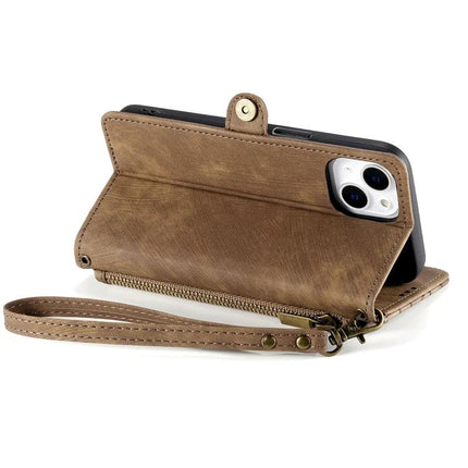 Wallet-Integrated Phone Case With Card Slots For Daily Essentials shown in brown leather folio with wrist strap and card/cash zipper compartment