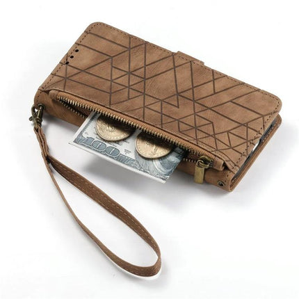 Wallet-Integrated Phone Case With Card Slots For Daily Essentials brown zippered wristlet showing cash and coins