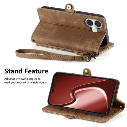 Wallet-Style Phone Case for Everyday Card Storage with stand feature, card slots, cash pocket and wrist strap, brown PU protective wallet case