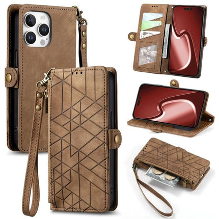 Geometric Zipper Wallet Case For Everyday Phone Carry in brown PU with card slots, zipper coin pocket, wrist strap and geometric embossed design