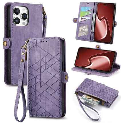 Geometric Zipper Wallet Case For Everyday Phone Carry - purple PU leather zip wallet phone case with card slots, wrist strap and kickstand