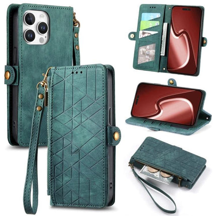 Geometric Zipper Wallet Case For Everyday Phone Carry in teal PU with TPU interior, card slots, zip coin pocket, wrist strap, stand function