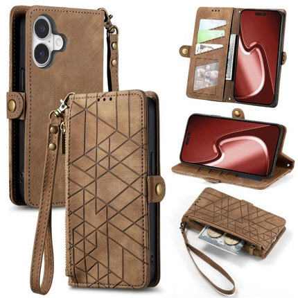 Geometric Zipper Wallet Case For Everyday Phone Carry in brown PU with geometric pattern, zipper pocket, card slots and wrist strap