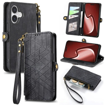 Geometric Zipper Wallet Case For Everyday Phone Carry showing black PU zipper wallet with card slots, wrist strap, and phone stand feature