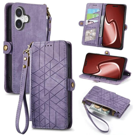 Geometric Zipper Wallet Case For Everyday Phone Carry - purple PU leather wallet phone case with zipper, wrist strap, card slots and kickstand